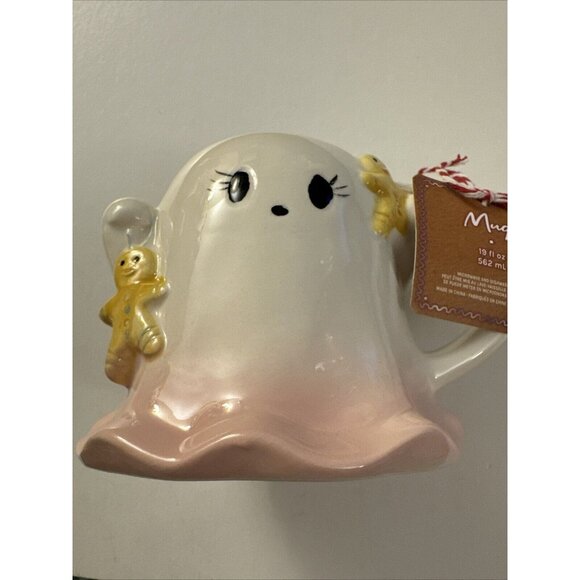 New Holiday Bakery Mug Ghost With Gingerbread Man Pink Border D37 - Picture 1 of 5